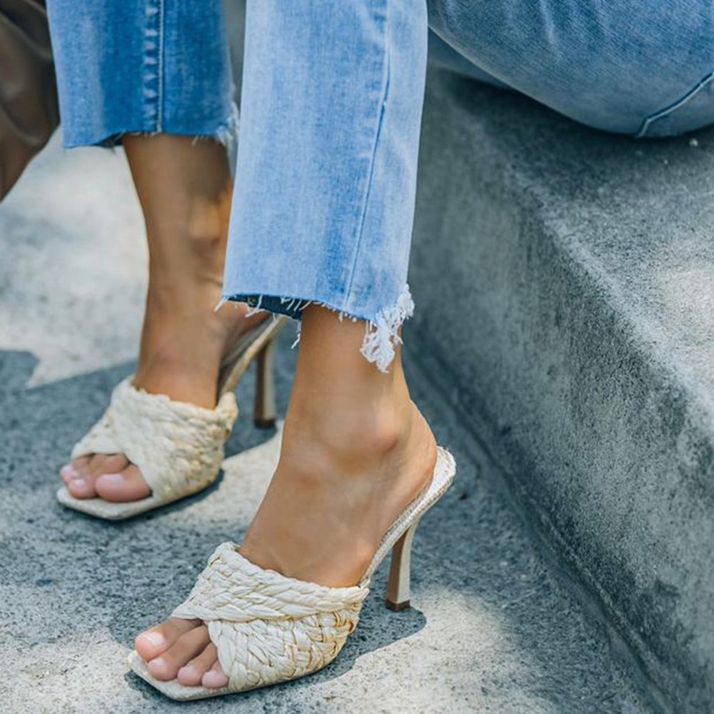 NEW🔥 Raffia Mules Sandals Open Toe Stiletto Heel